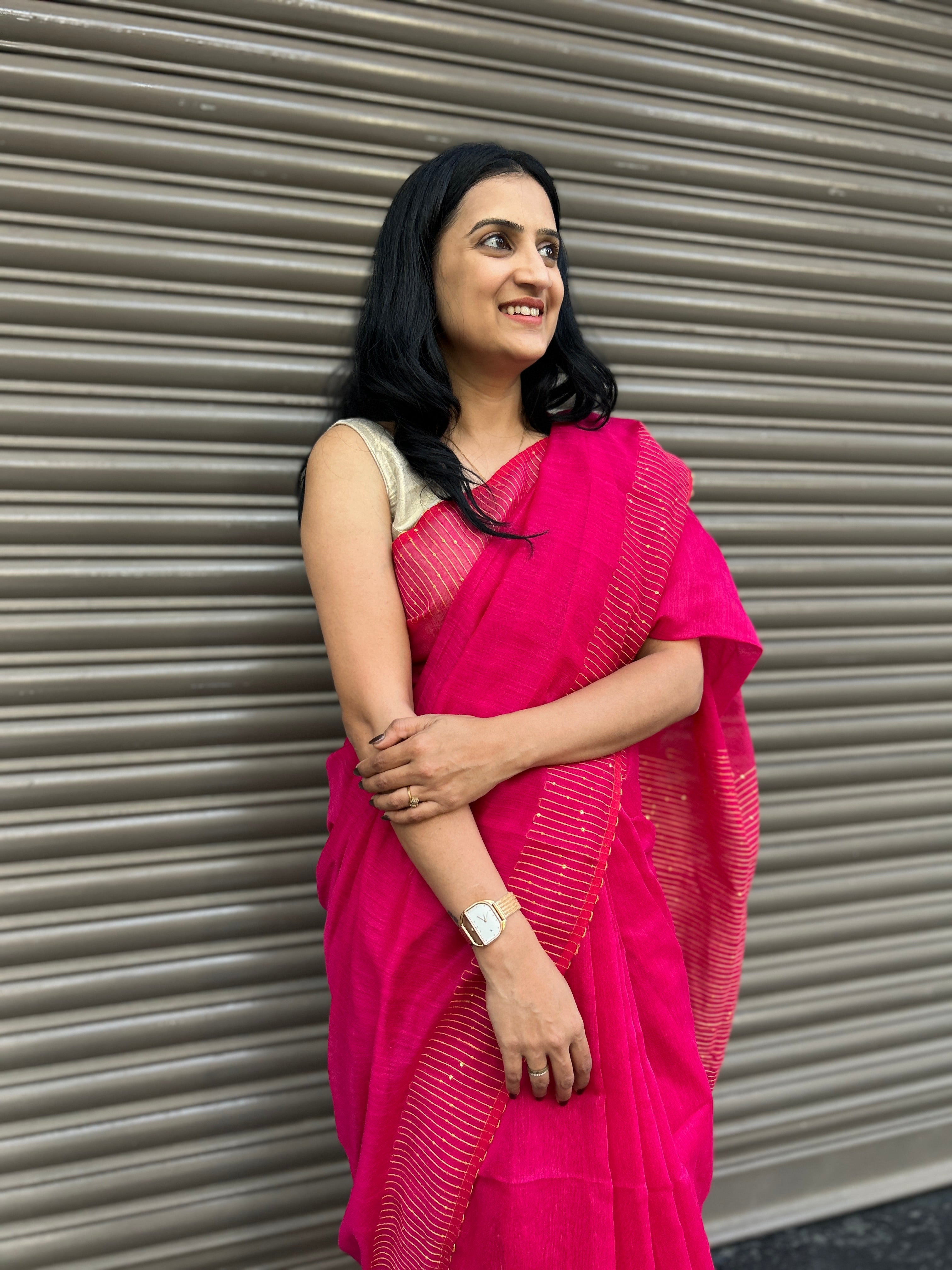Pink Cotton Silk Saree with Sequin Work - Pink