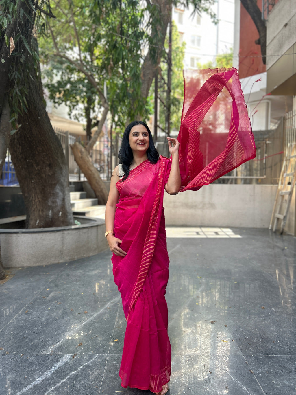 Pink Cotton Silk Saree with Sequin Work - Pink