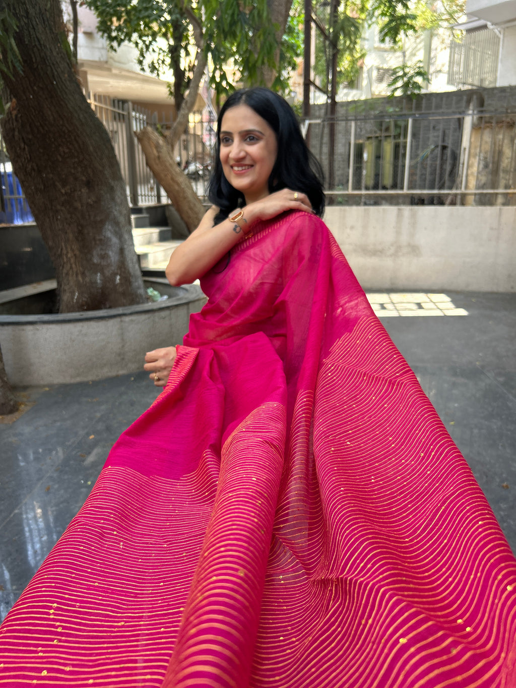 Pink Cotton Silk Saree with Sequin Work - Pink