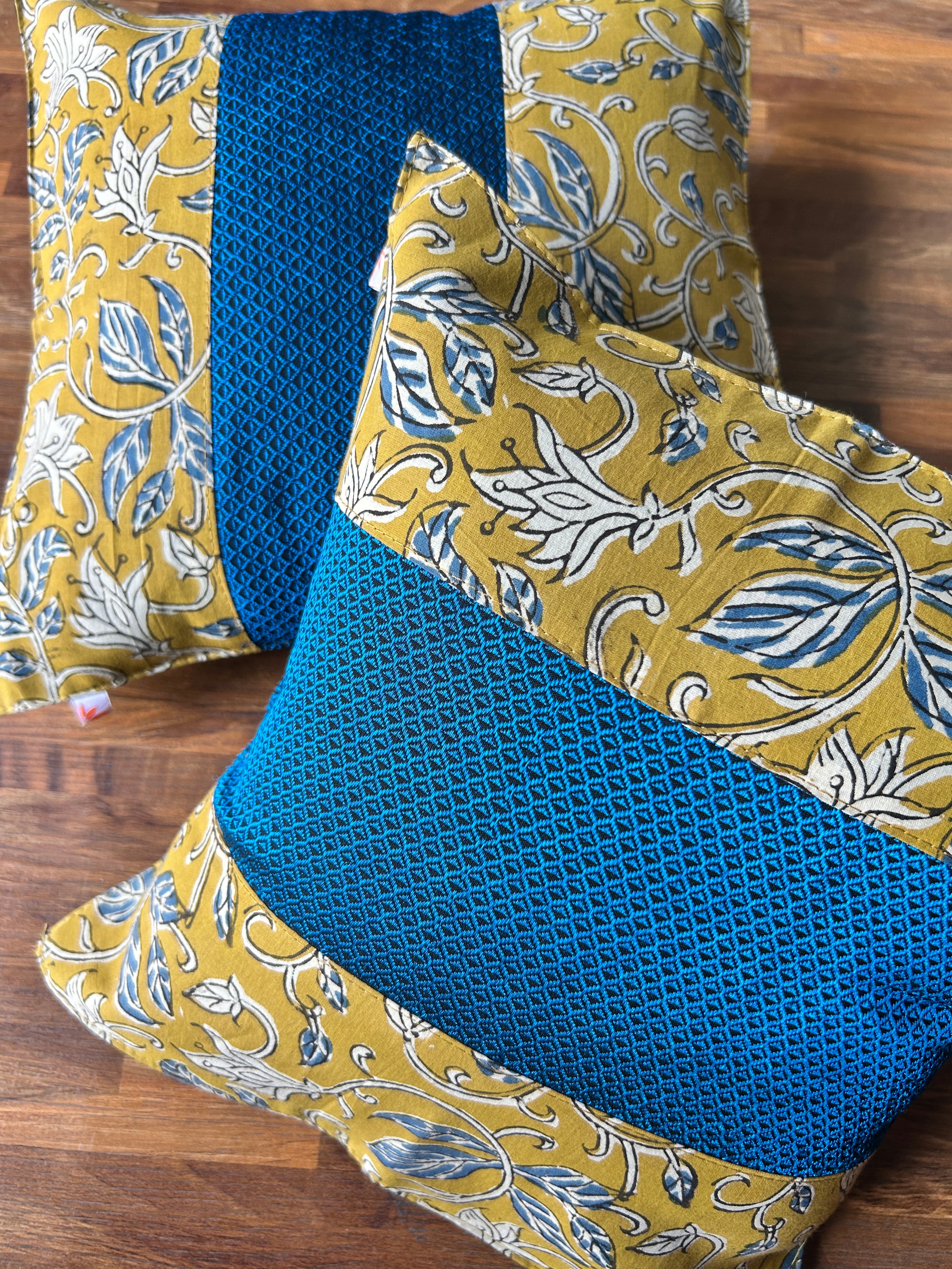 Fusion Cushion Cover - Mustard + Blue Khun