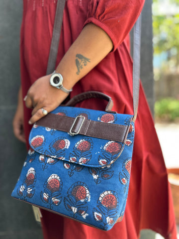 Leather Square Sling Bag - Blue