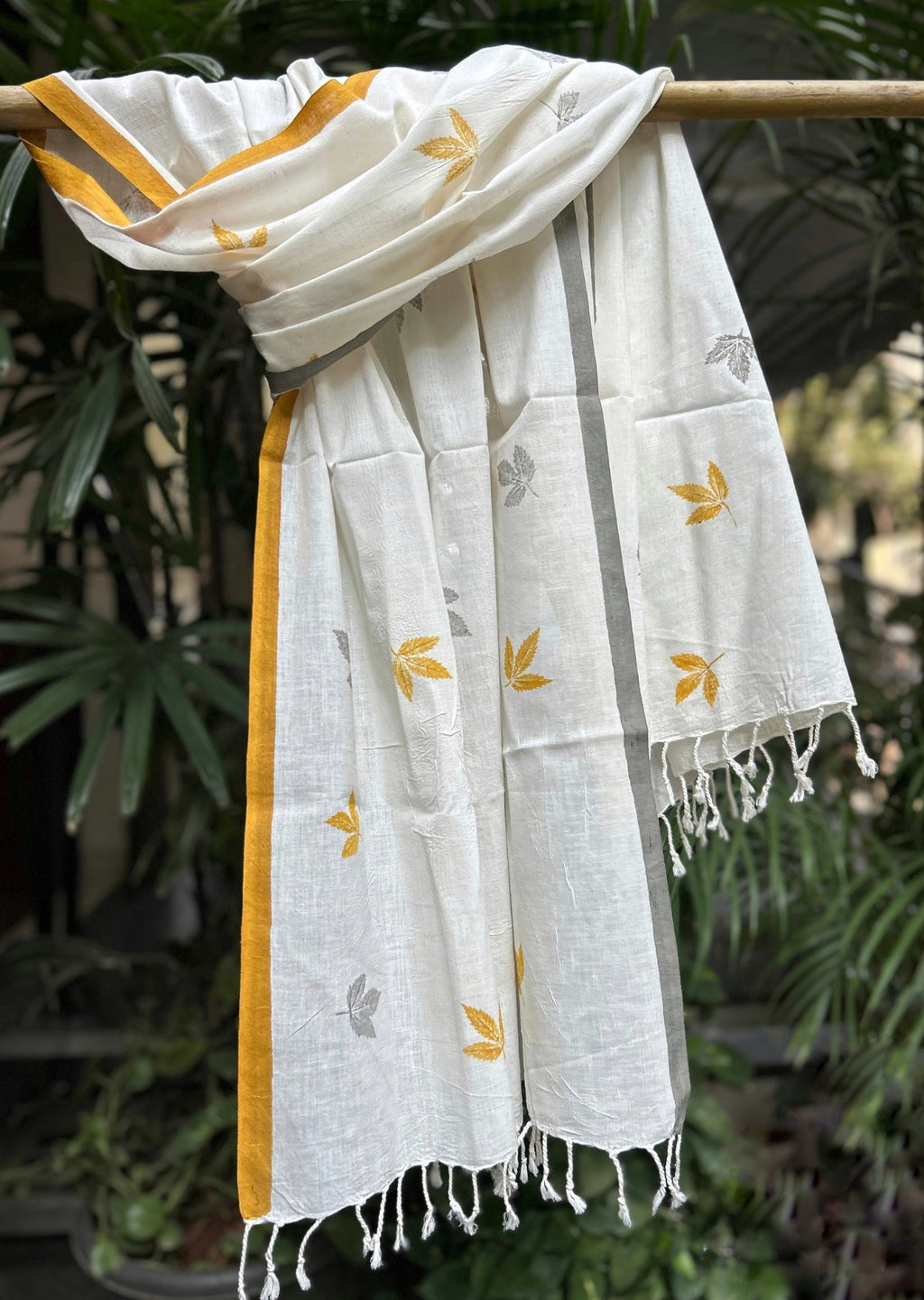 RUI - Organic Cotton Stole - Leaf Print - Mustard Yellow