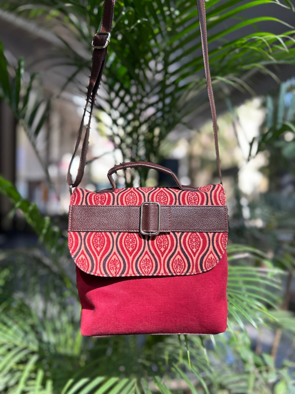 Leather Square Sling Bag - Red