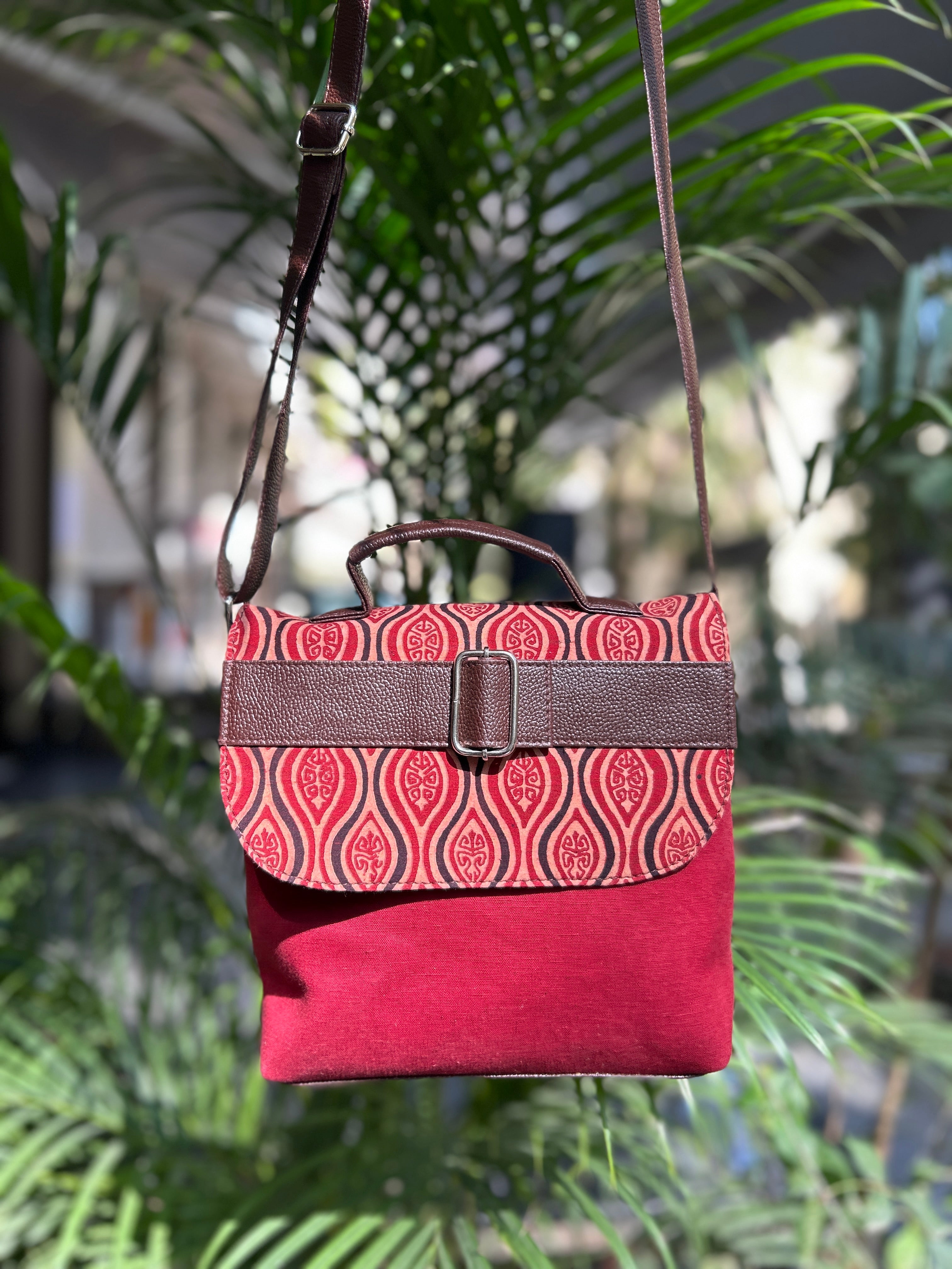 Leather Square Sling Bag - Red