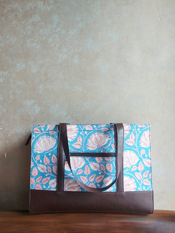 Leather Rectangle Tote - Blue Floral