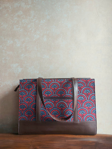 Leather Rectangle Tote - Maroon Ajrakh