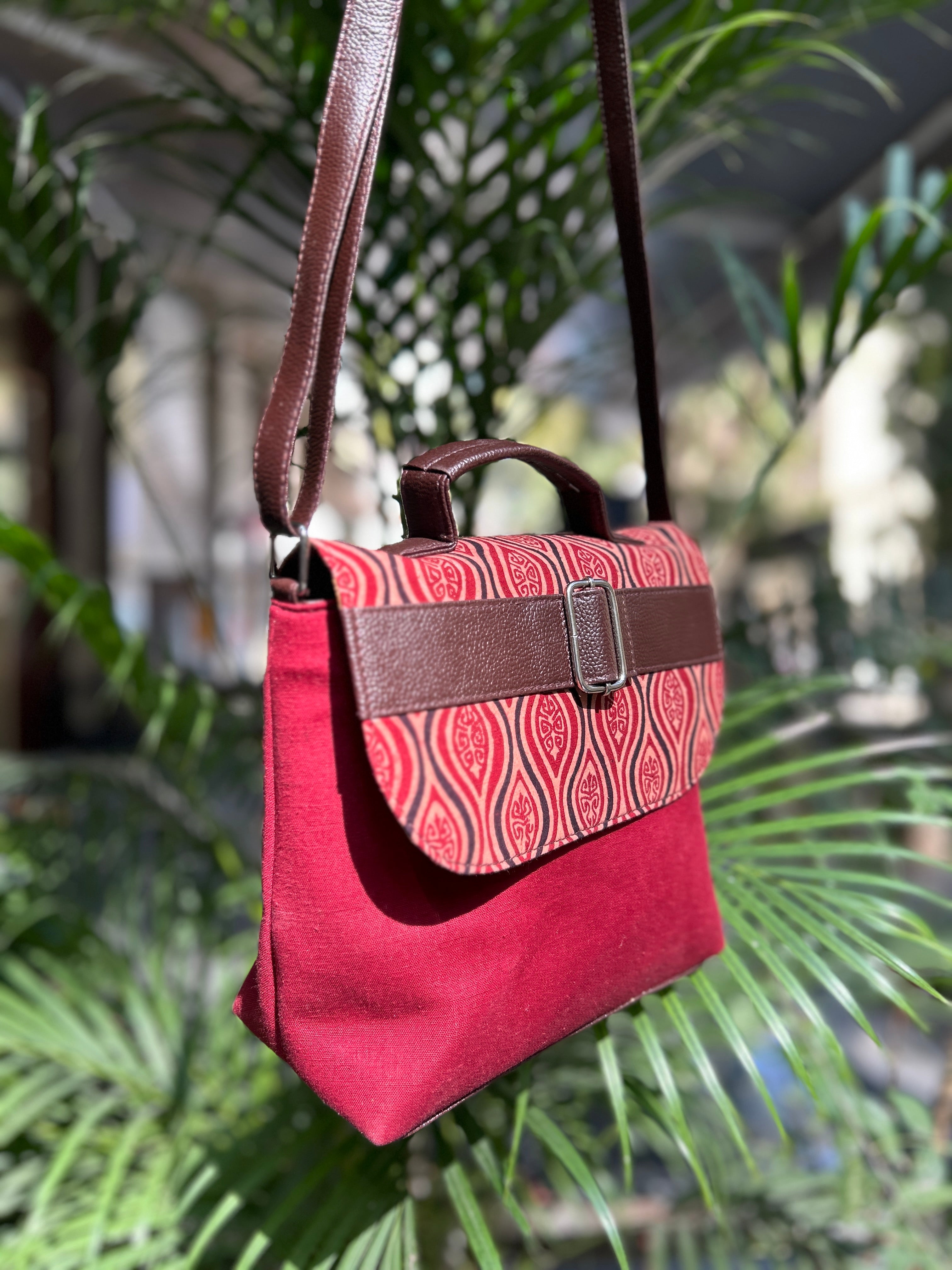 Leather Square Sling Bag - Red