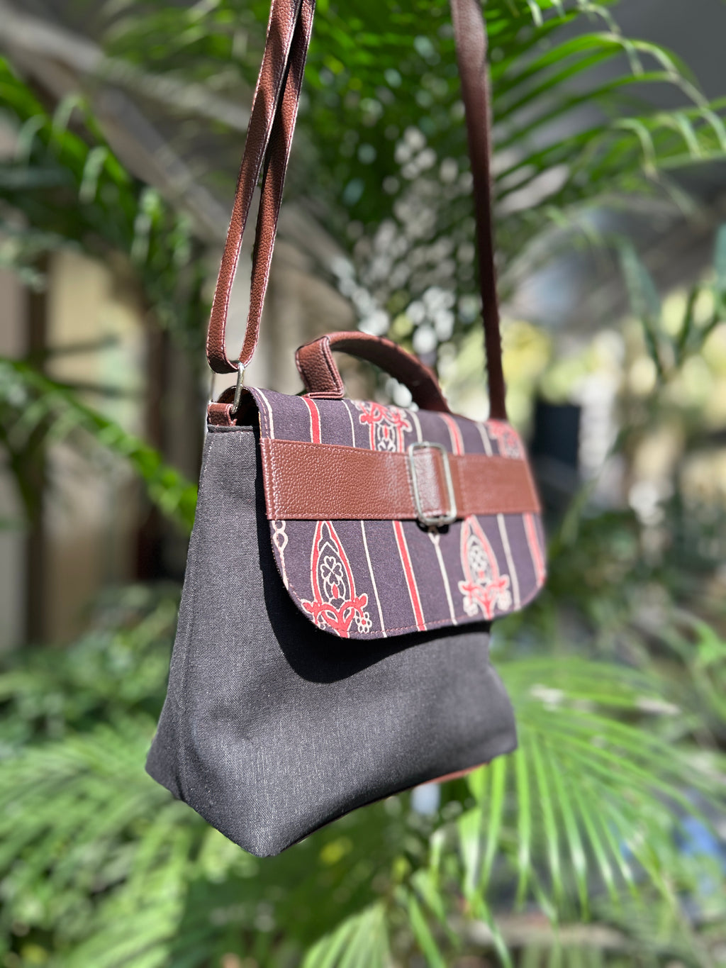 Leather Square Sling Bag - Black