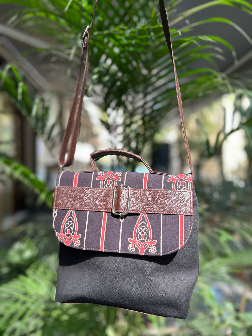 Leather Square Sling Bag - Black