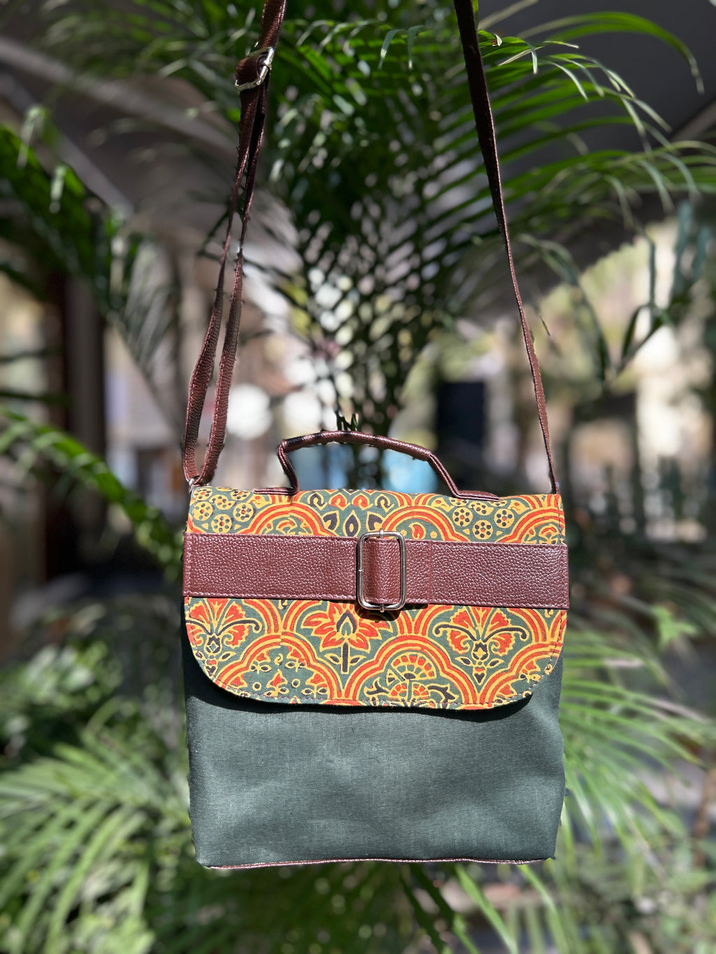 Leather Square Sling Bag - Green