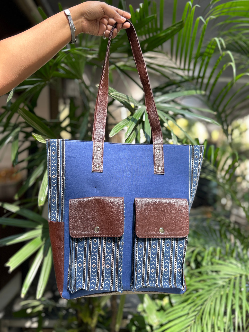 Leather Tote Bag - Blue
