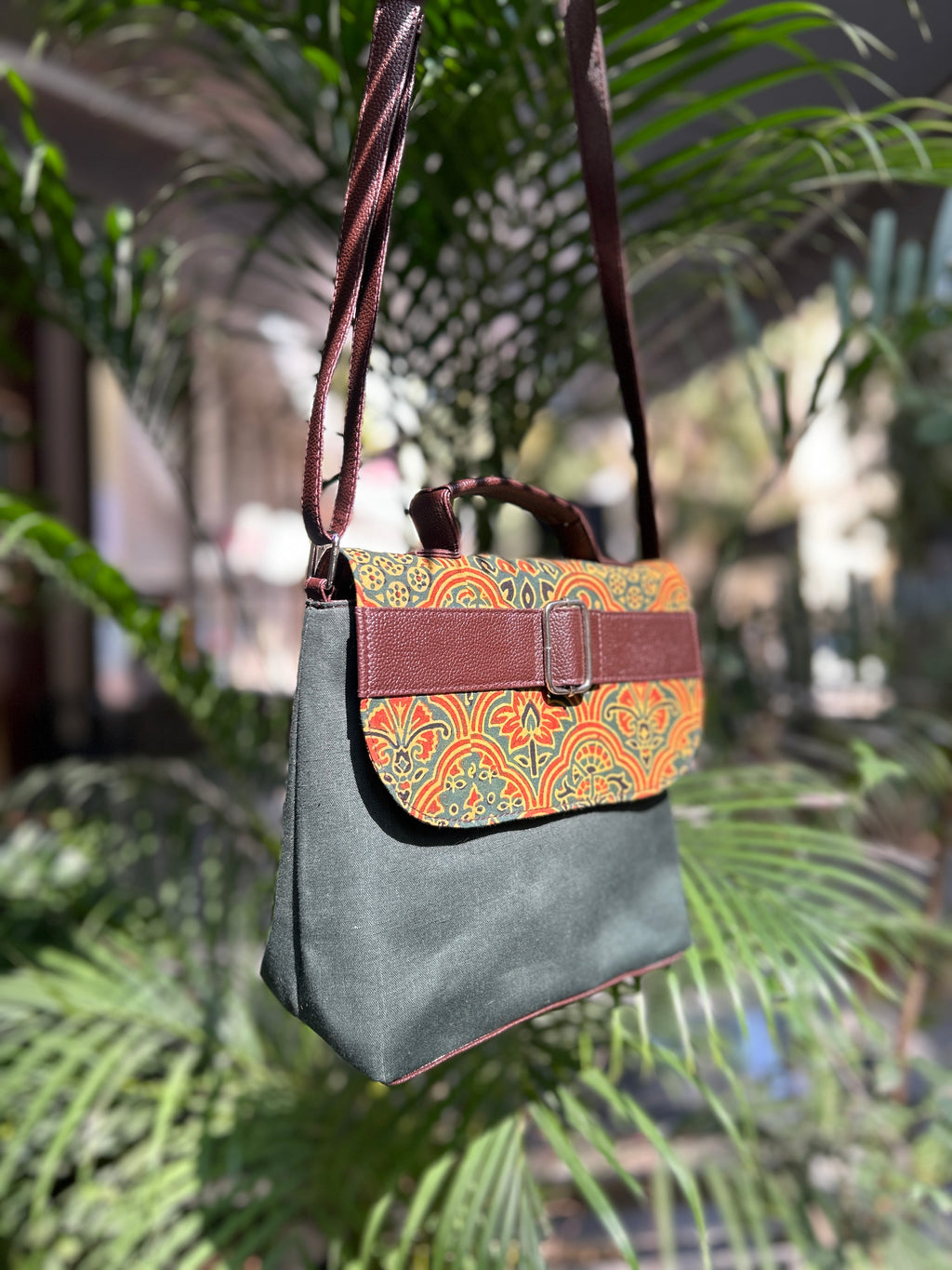 Leather Square Sling Bag - Green