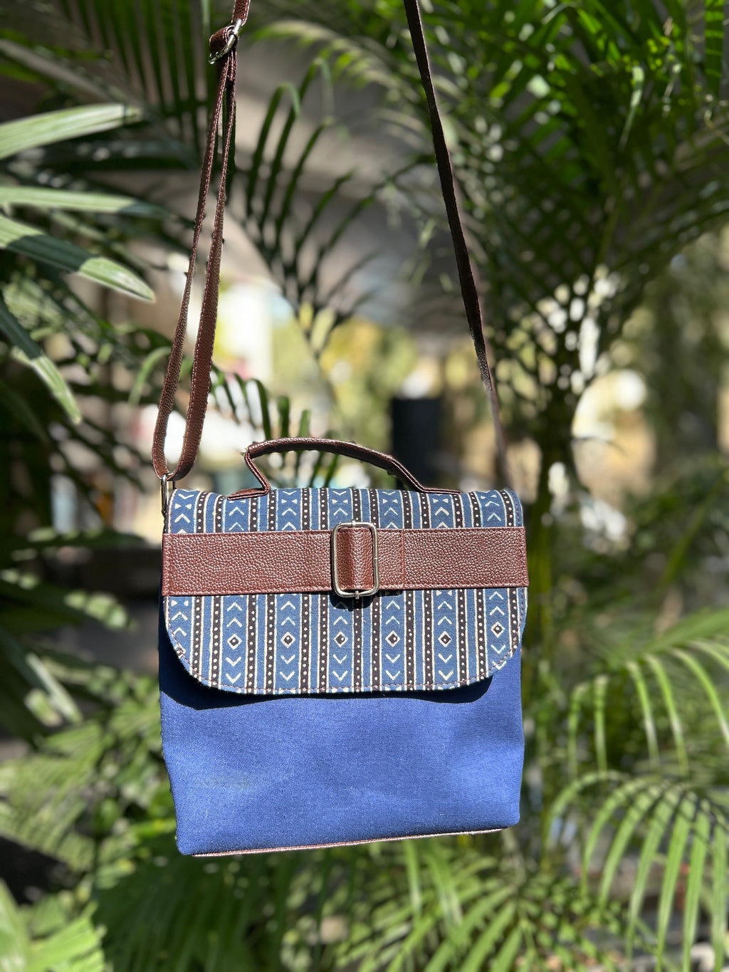 Leather Square Sling Bag - Blue
