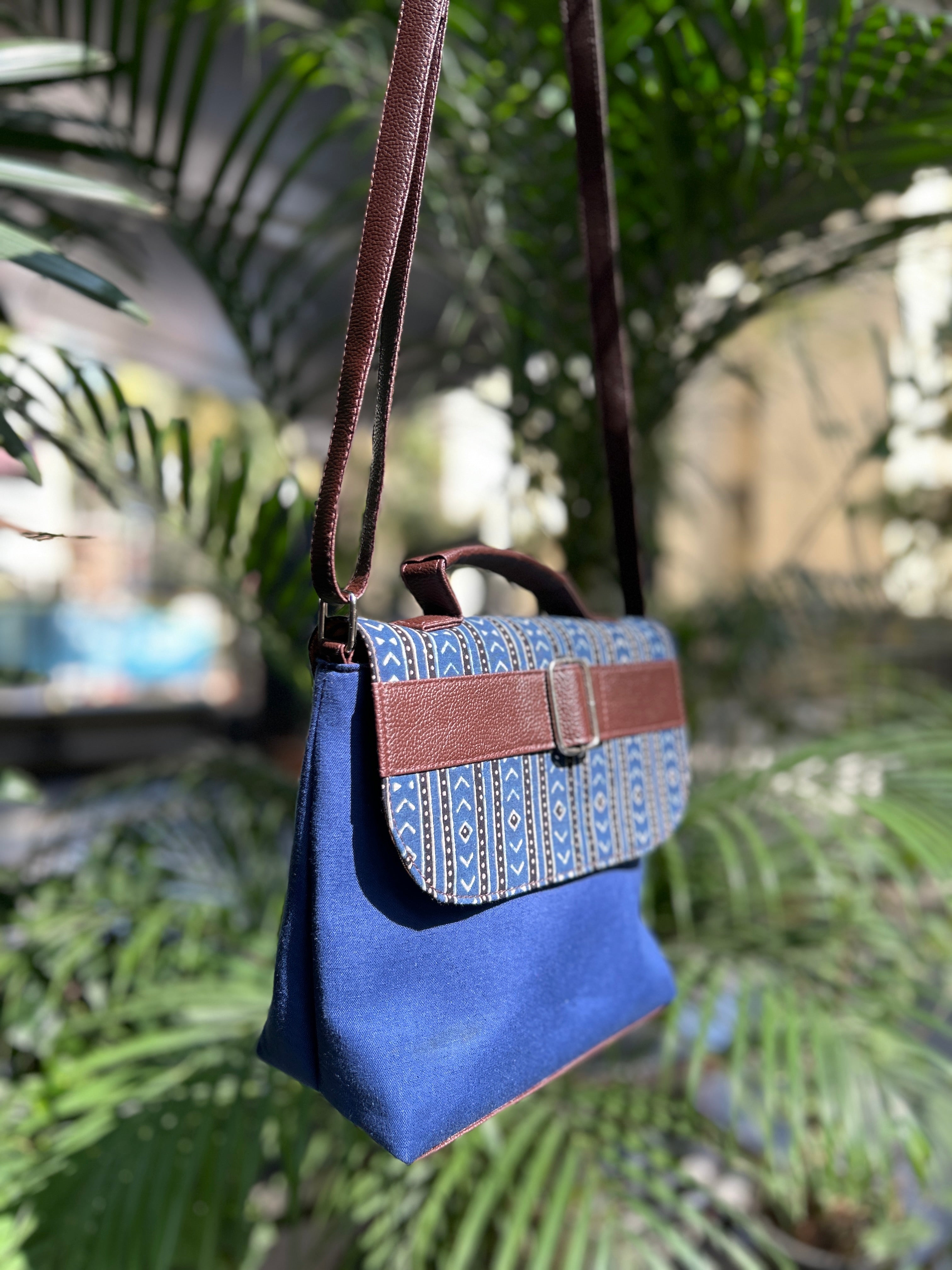 Leather Square Sling Bag - Blue