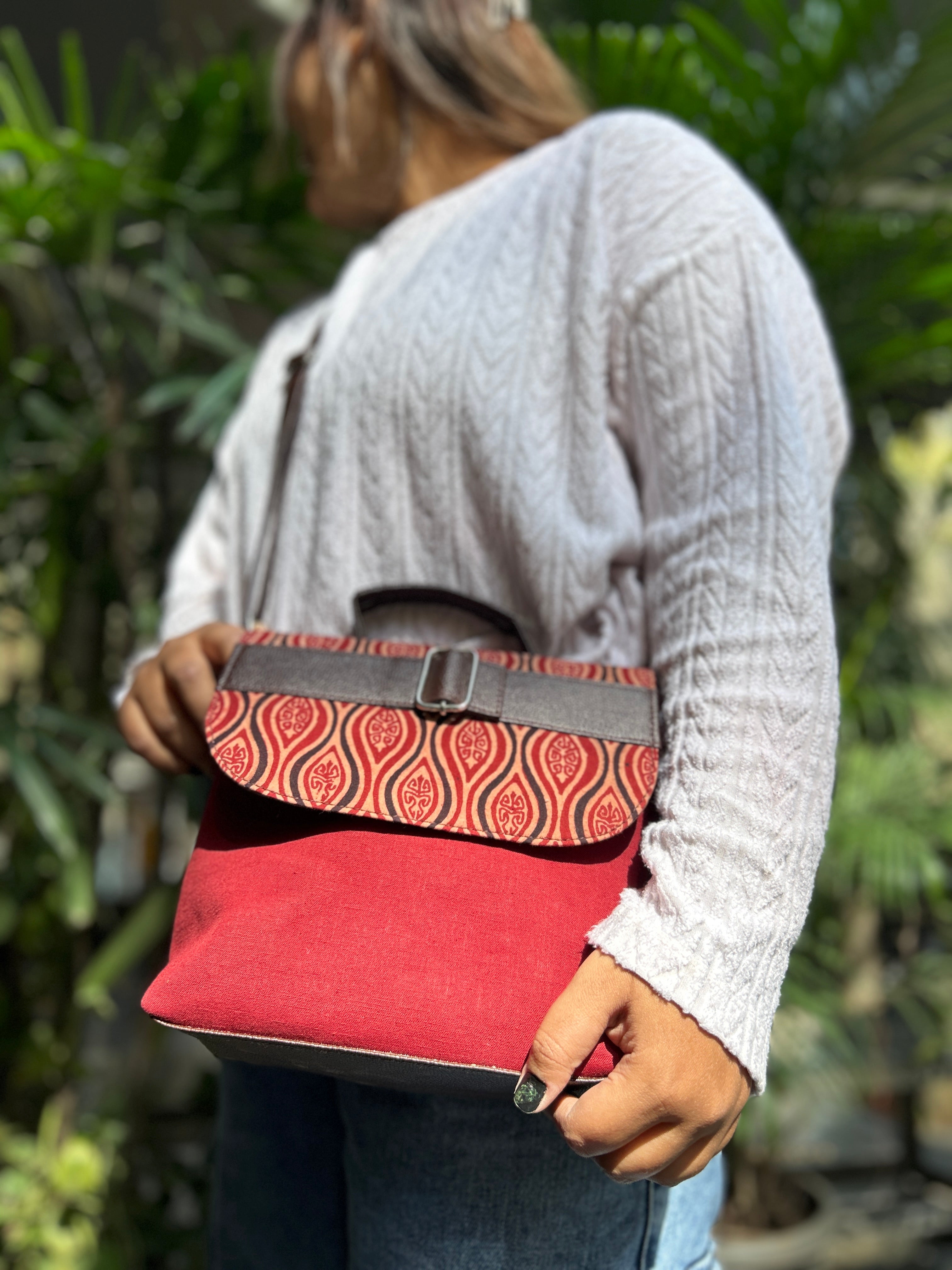 Leather Square Sling Bag - Red