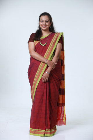 Cotton Irkal Saree - Maroon & Green