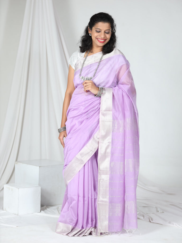 Banarasee Cotton Silk Mix Saree With Silver Zari Leaf Buta-Pink