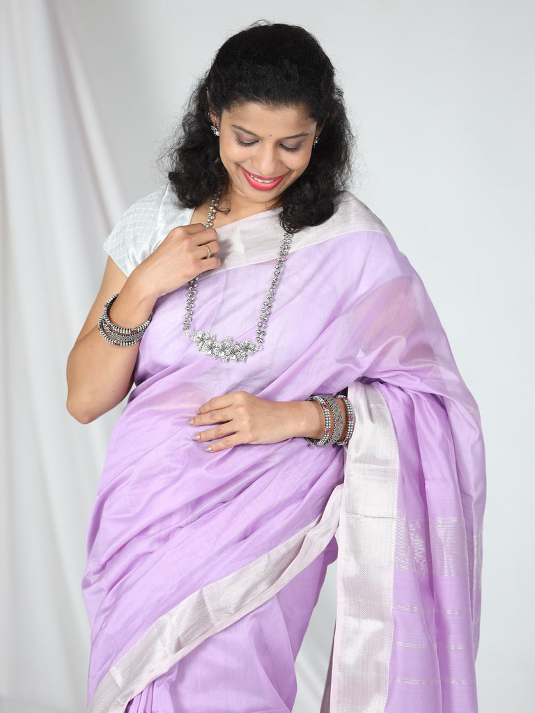 Cream Linen Saree with Silver Zari Woven Border - Urban Womania