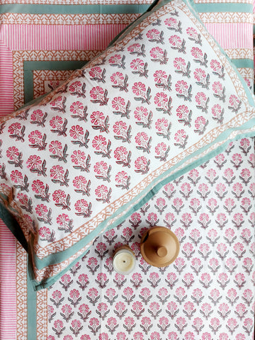 Sanganeri Double Bedsheet - Pink Flower Butti