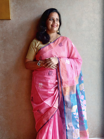 Buy OmenSilks Handloom Women's Tissue Linen Saree with Blouse Piece  (Omen_11440_Gold-Brown-Pink) at Amazon.in